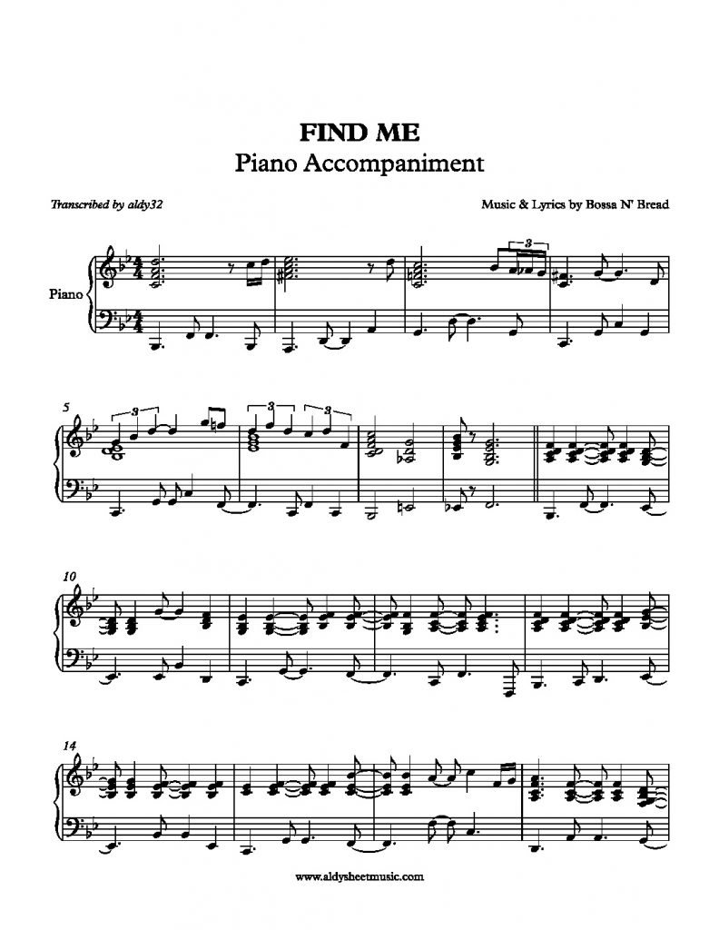 Find Me - Bossa N' Bread (Piano Accompaniment)